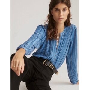 Anthropologie Pilcro Pintuck Striped‎ Blouse XL Blue Button Down Wool Peasant